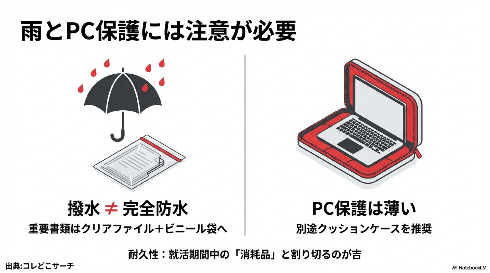 撥水は完全防水ではないため重要書類のビニール保護とPCクッションケースが必要