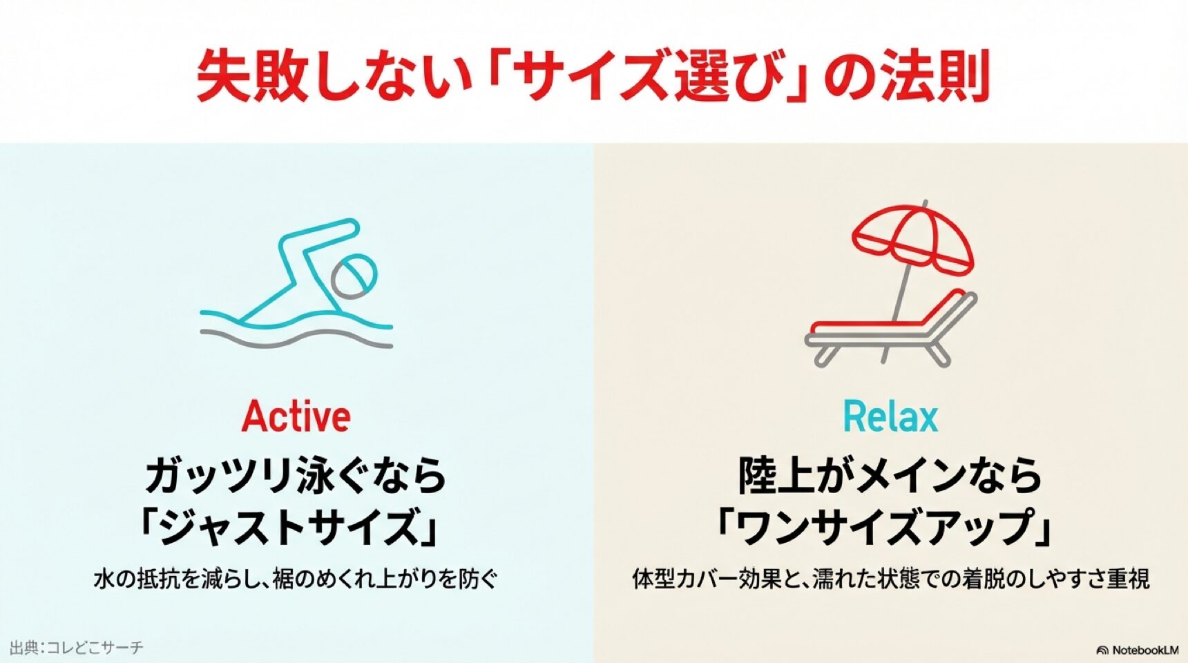 泳ぐならジャストサイズ、陸上ならワンサイズアップを選ぶメリットとデメリット