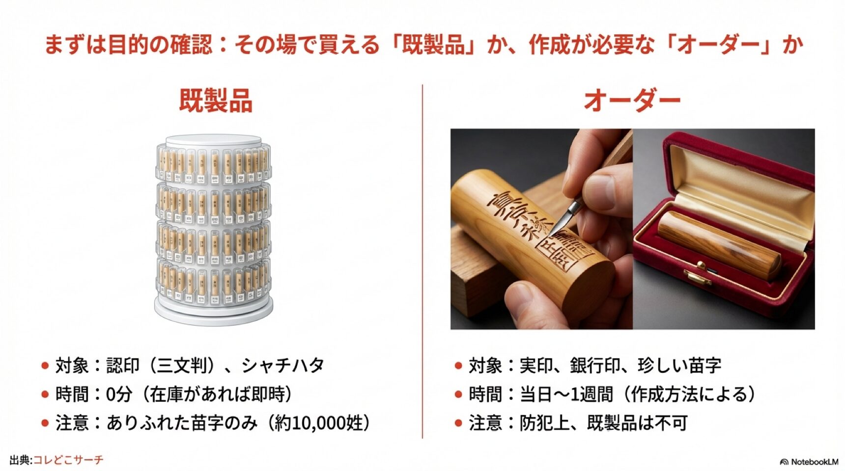 既製品とオーダー印鑑の比較 ホームセンターですぐ買える既製品の認印と、作成が必要なオーダー印鑑の違いと所要時間