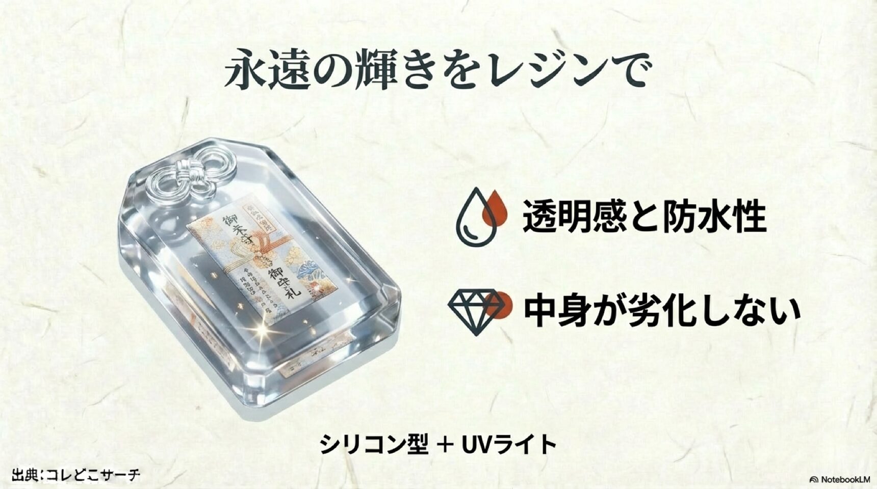 シリコン型とUVライトを使い、透明感と高い防水性を備えた劣化しないレジンお守りの制作図。