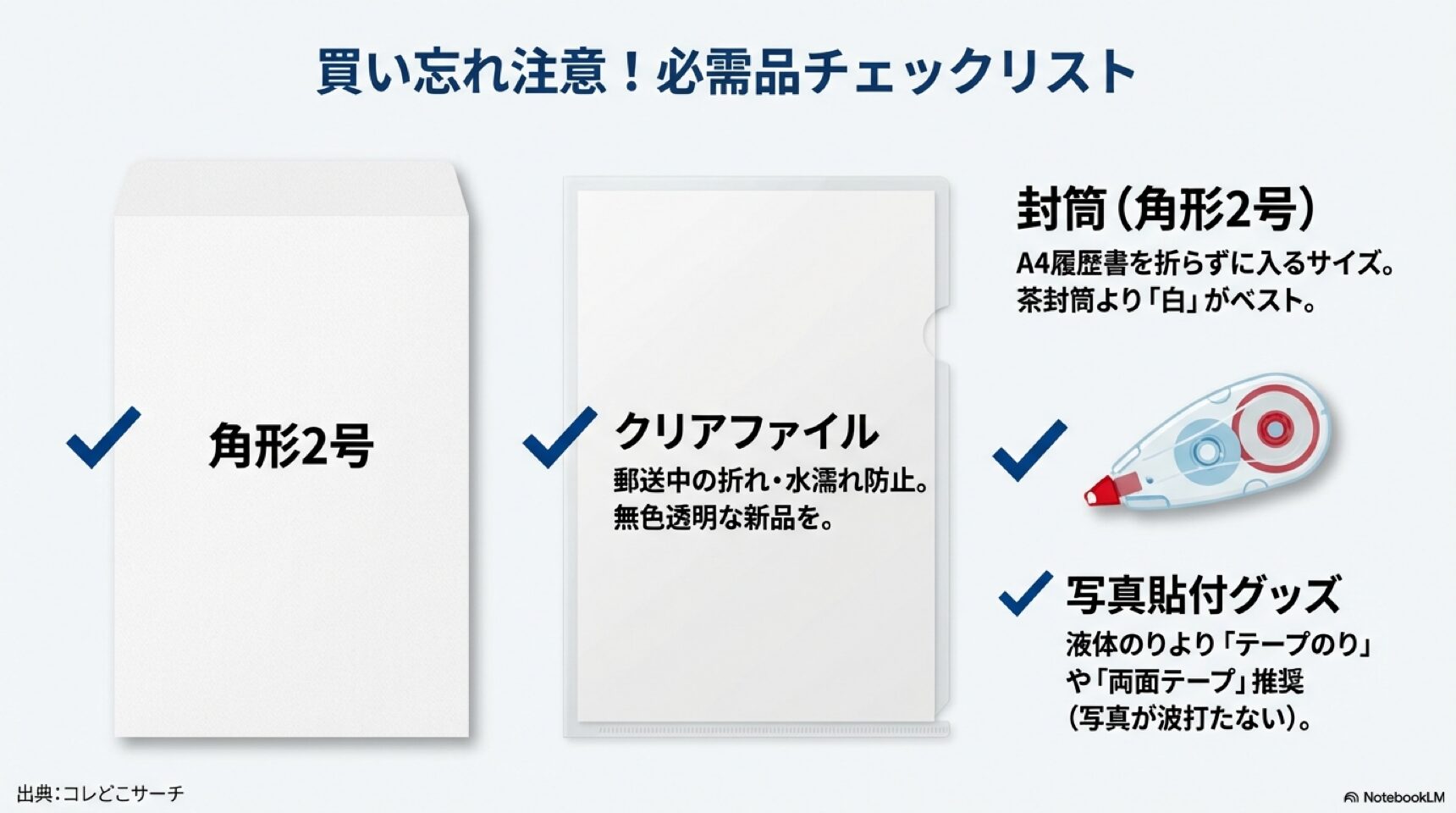 角形2号の封筒、クリアファイル、写真貼付用のテープのりなど、履歴書と一緒に買うべきアイテムのイラスト。