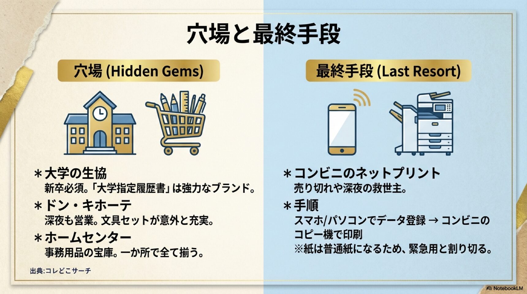 大学生協、ドン・キホーテ、ホームセンターなどの穴場と、最終手段としてのコンビニネットプリントの紹介。