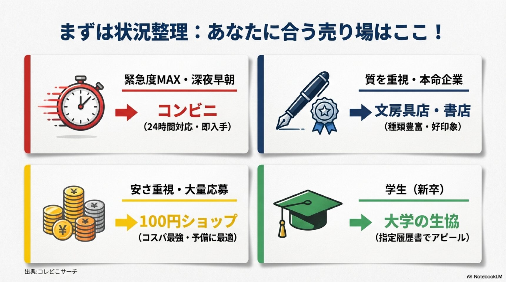 緊急時はコンビニ、質重視は文具店、安さ重視は100均など、状況に応じた売り場の選び方をまとめたフローチャート。