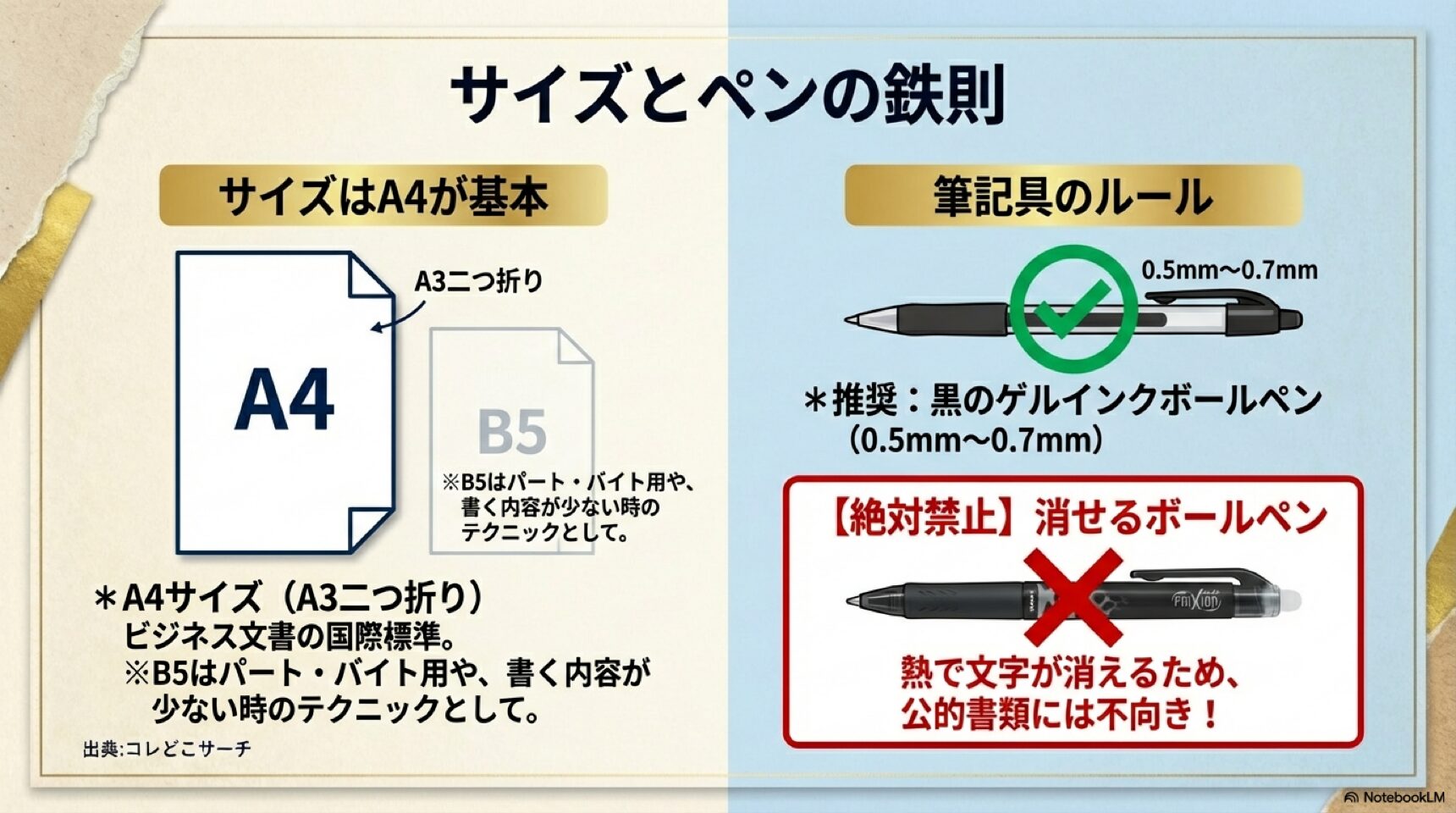履歴書はA4サイズ（A3二つ折り）が基本であることと、黒のゲルインクボールペン（0.5mm-0.7mm）を推奨し、消せるボールペンは禁止というルール。