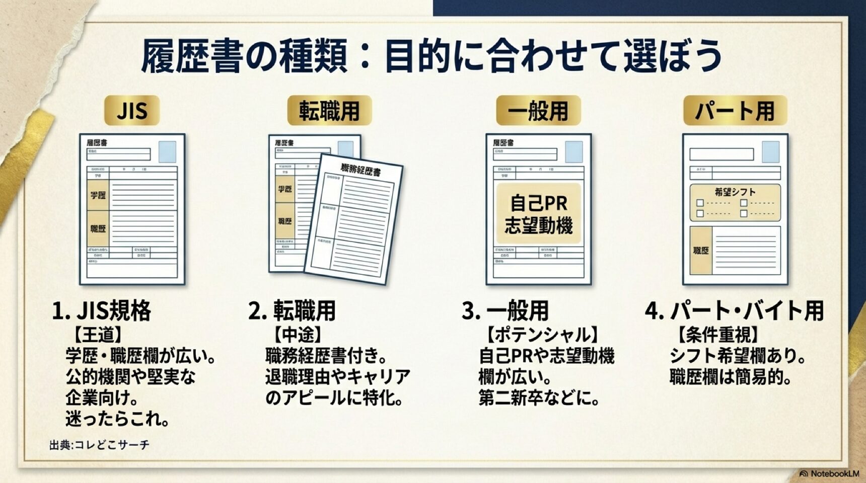 JIS規格、転職用、一般用、パート・バイト用の4種類の履歴書の特徴と、それぞれの推奨ターゲット一覧。