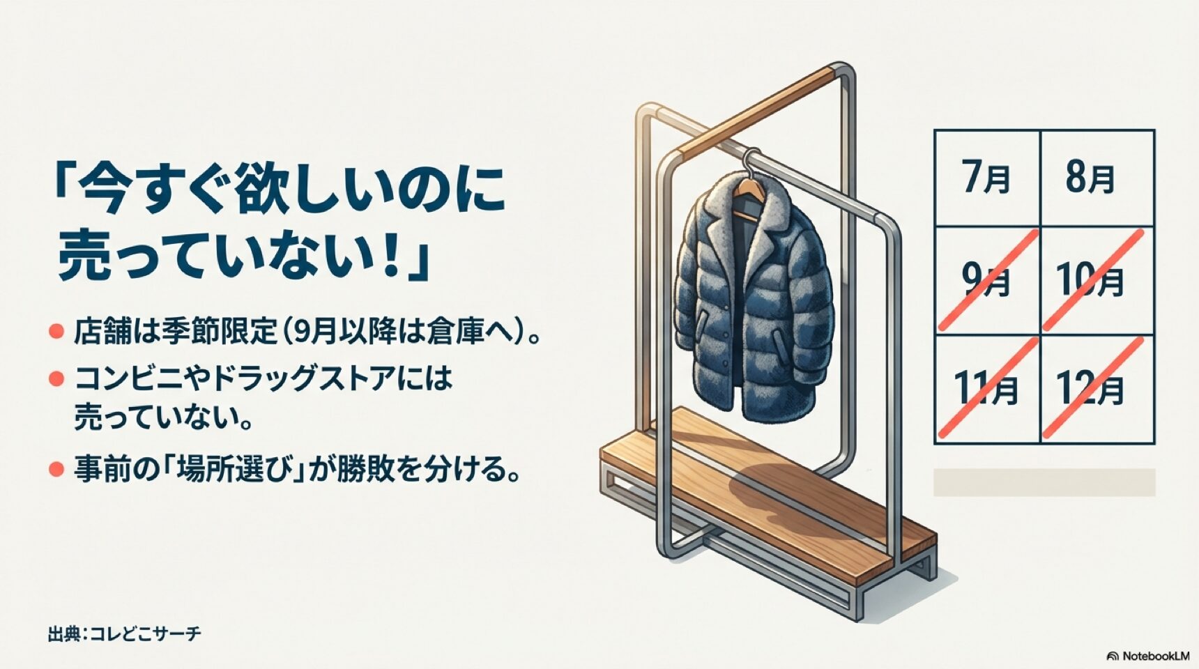アパレル店舗における水着の販売期間と在庫切れリスク アパレル店舗では9月以降水着が倉庫へ移動されることを示すカレンダーと、時期外れの在庫状況イメージ