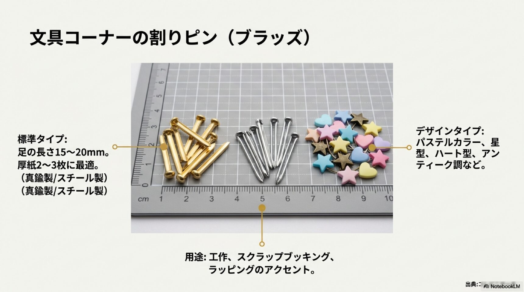 文具コーナーにある標準タイプとデザインタイプの割りピンの種類とサイズ比較