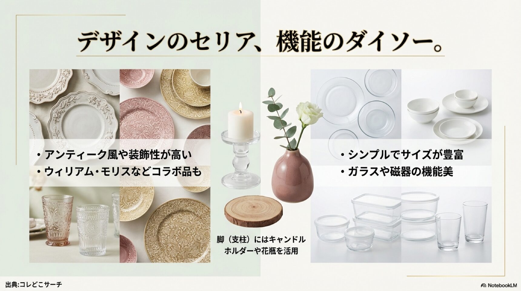 デザインのセリアと機能のダイソー・食器の特徴比較 セリアのアンティーク風ウィリアム・モリス柄プレートと、ダイソーのシンプルで機能的なガラス食器の比較画像。