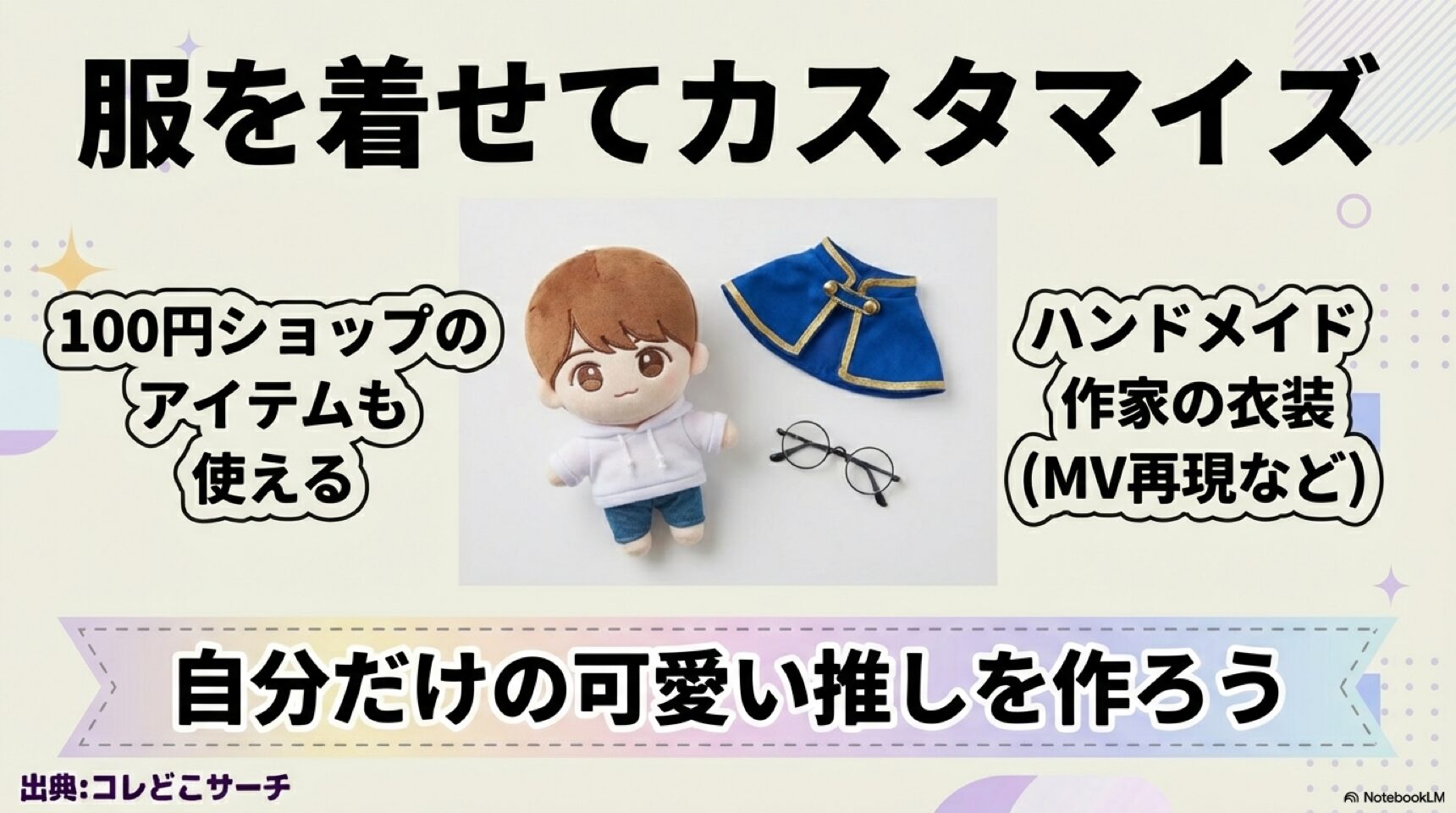 100円ショップのアイテムやハンドメイド作家の衣装を使って、自分だけの可愛い推しを作るカスタマイズ方法