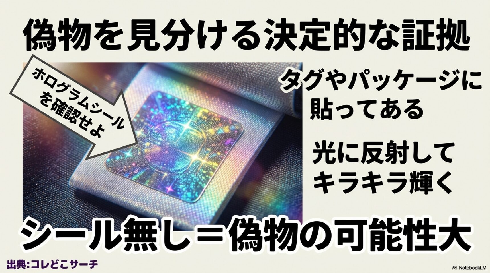 タグやパッケージに貼付されている、光に反射して輝くホログラムシールを確認して偽物を見分ける方法
