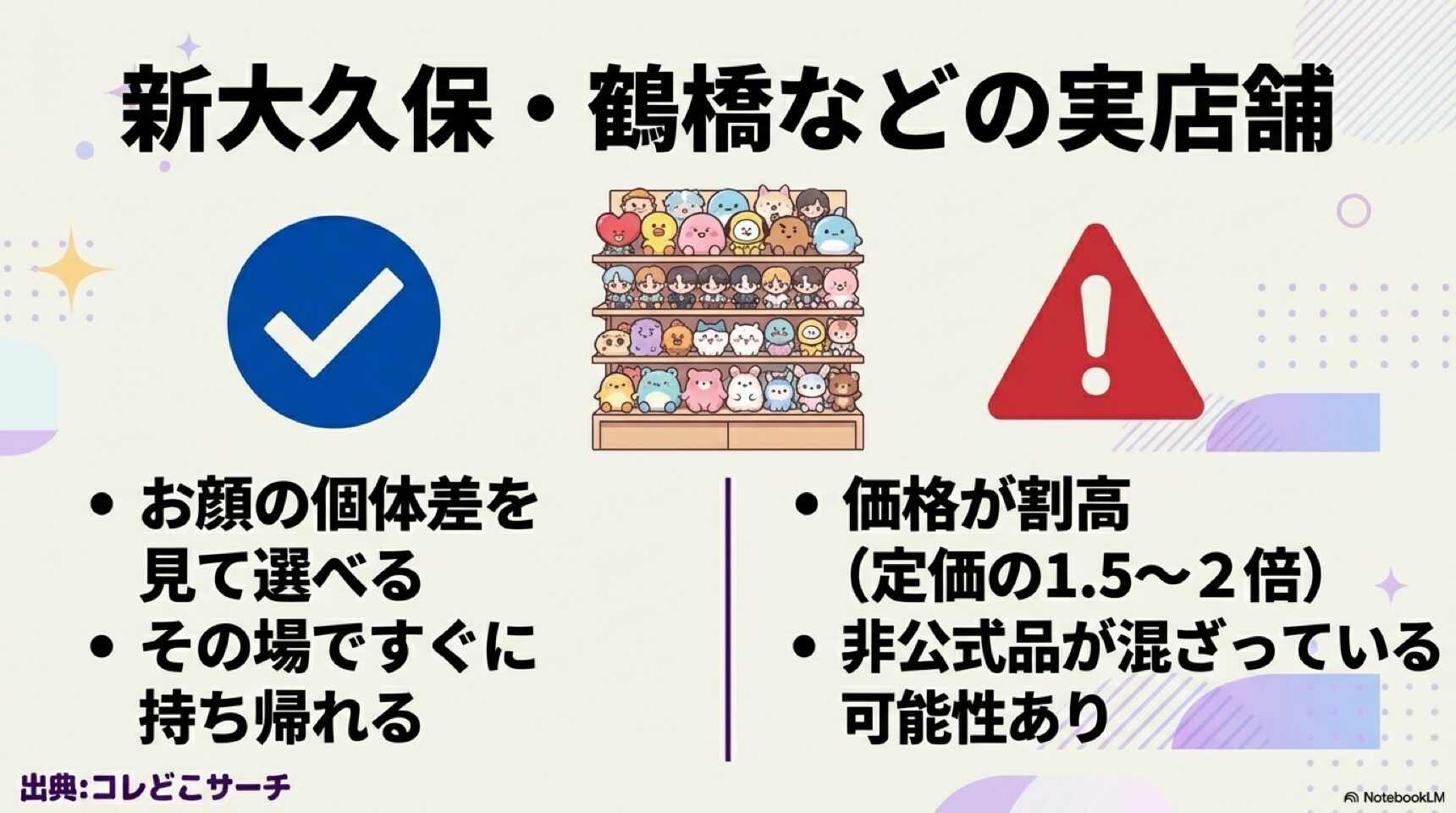 新大久保や鶴橋などの実店舗でお顔を見て選べるメリットと、価格が割高で非公式品が混ざるリスク