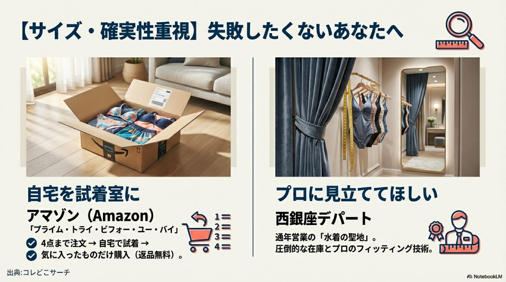 自宅で試着できるAmazonとプロに見てもらえる西銀座デパート 失敗したくない人向けの水着購入法。AmazonのPrime Try Before You Buyと西銀座デパートのフィッティングサービスの比較