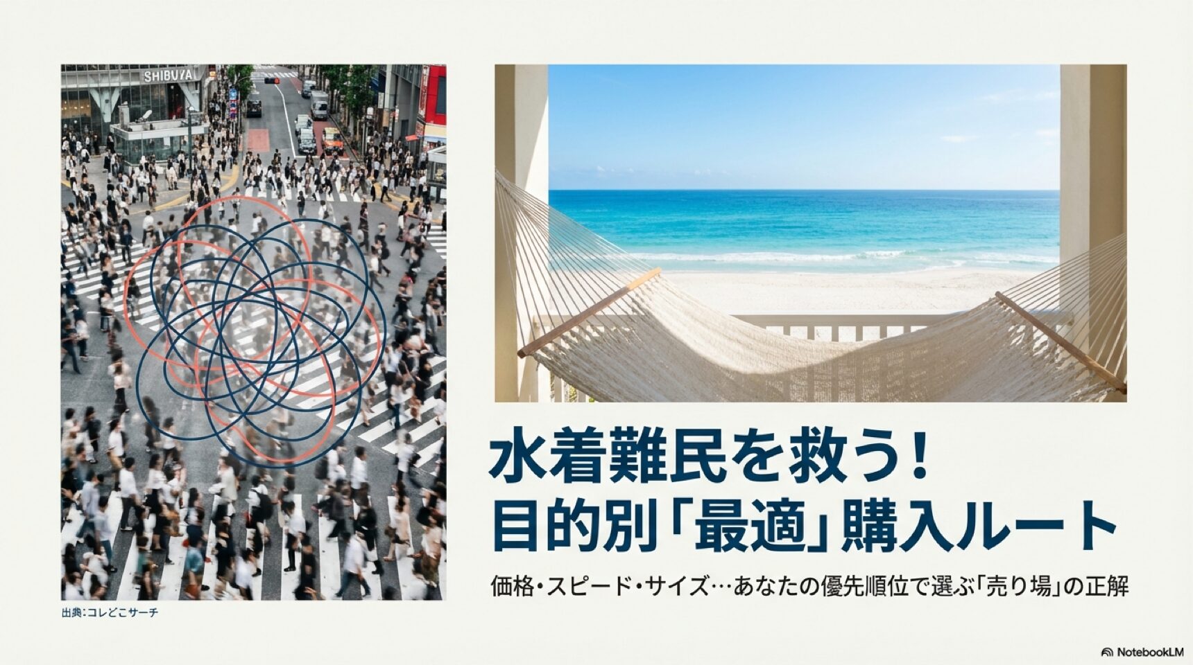 水着難民を救う目的別購入ルートマップ 渋谷のスクランブル交差点を背景に、価格・スピード・サイズなどの目的別に最適な水着購入ルートを示した概念図