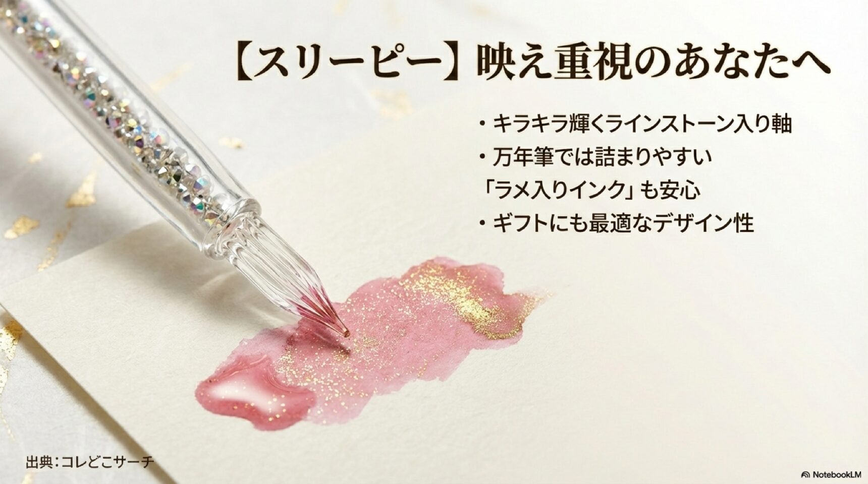 スリーピーのガラスペン 映え重視のラインストーンとラメ入りインク