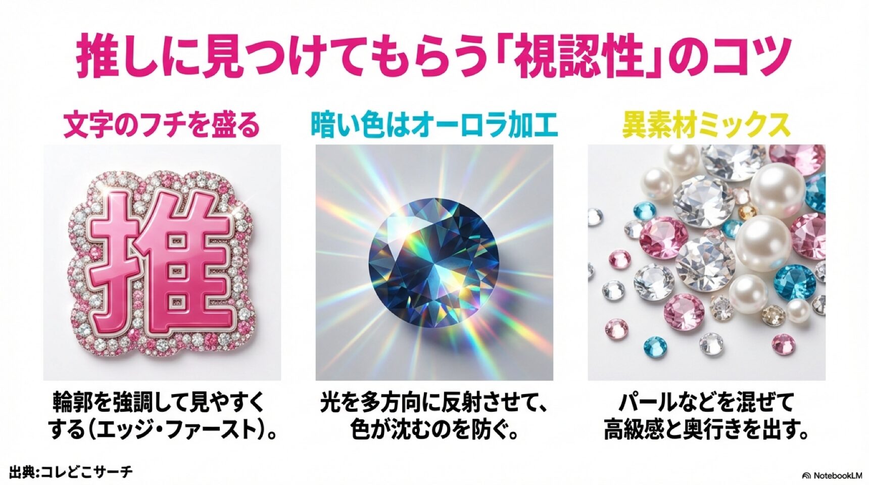 ライブ会場での視認性を高める3つのデコテクニック 文字のフチを盛るエッジ・ファースト、暗い色へのオーロラ加工、パールなどの異素材ミックスによる視認性向上のコツ。