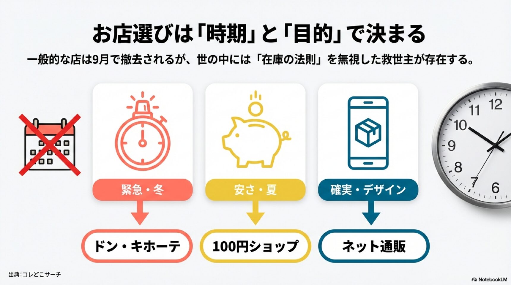 時期・時間・場所によって浮き輪が買えない状況を示すイラスト