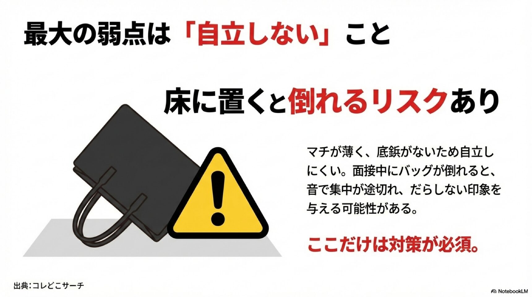 弱点:自立しない警告 ユニクロバッグ最大の弱点である床に置くと倒れるリスクとマチの薄さへの注意喚起